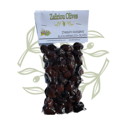 Černé throumba olivy Chalkidiki – celé s peckou 250 g - CRETAMART | Řecký olivový obchod