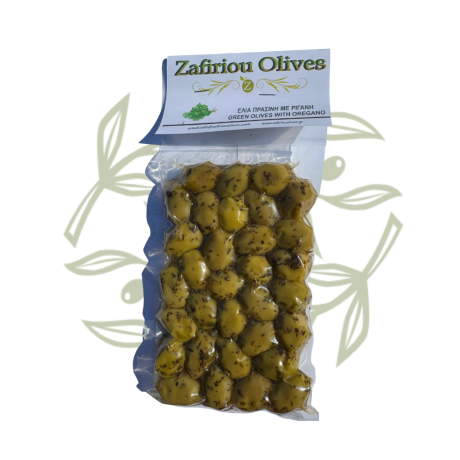 Zelené olivy Chalkidiki s oreganom – celé s kôstkou 250 g - CRETAMART | Grécky olivový obchod