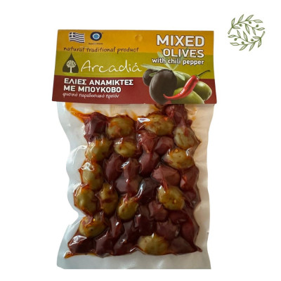 Greek Olives MIX (Kalamata & Green) with chilli | Arcadia – Whole with Pit 200 g